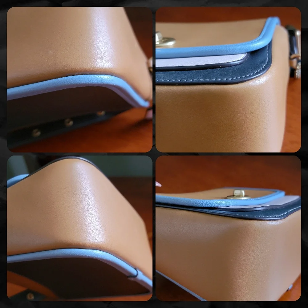 Coach 89126 Rambler 16 Colorblock Tan Blue Pink Leather Crossbody Bag